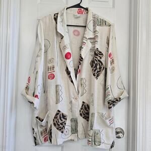 Vintage Modern Essential Cream Brown Abstract Print Flax Blend Blazer Jacket XL